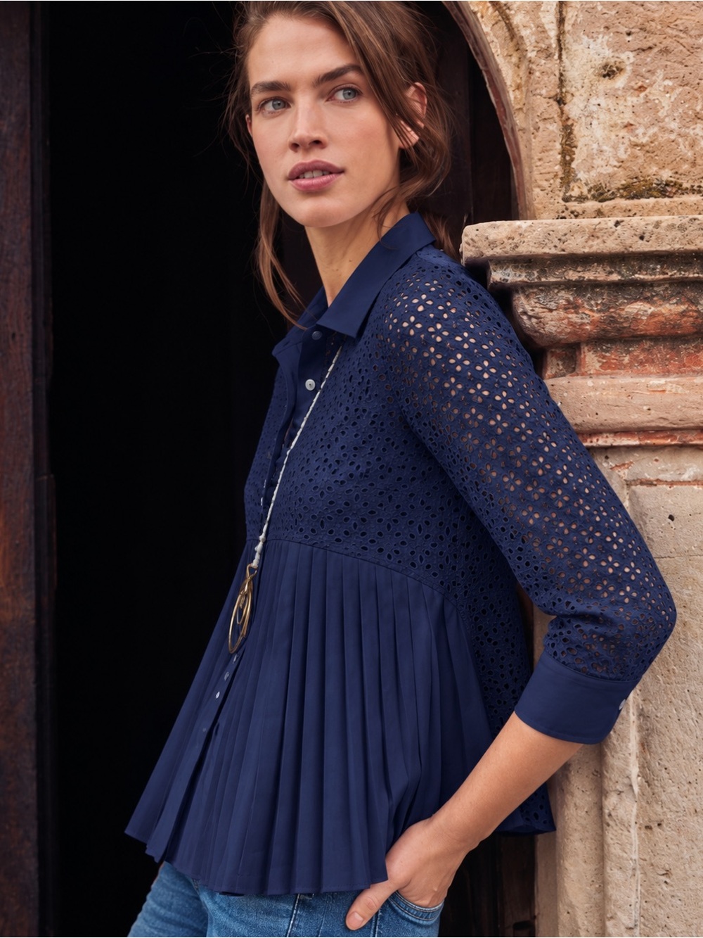 Anthropologie HD in Paris Navy Eyelet Pleated Button-Down Top NWOT